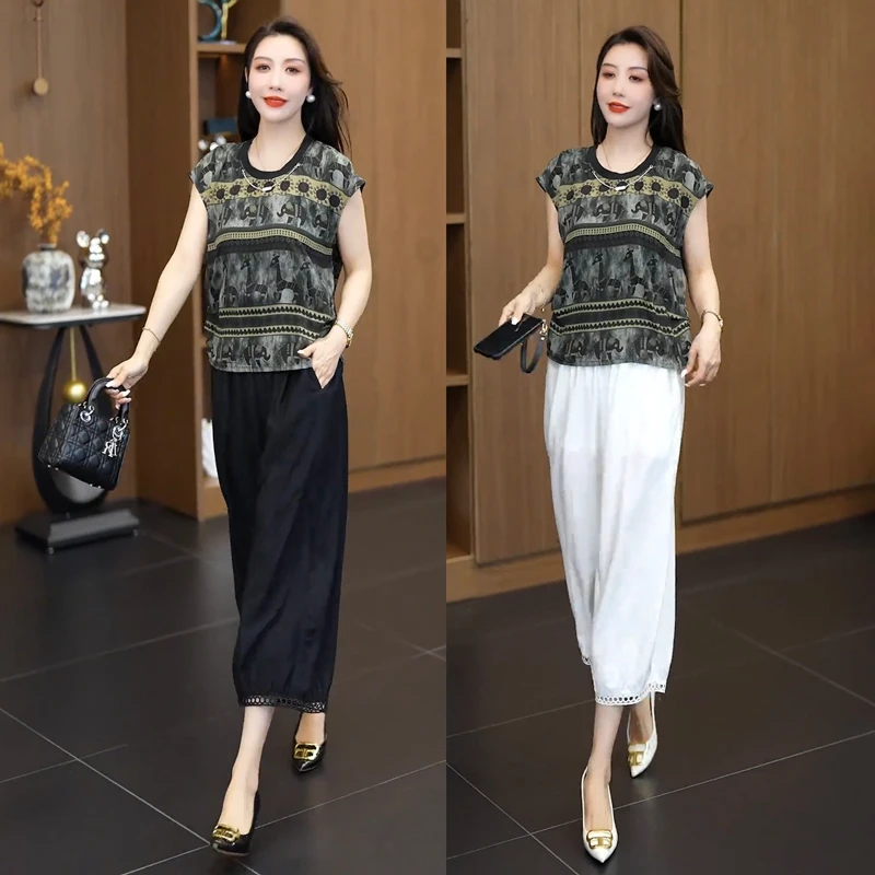 老钱风休闲时尚套装女2025夏季新款印花飞袖上衣八分阔腿裤两件套