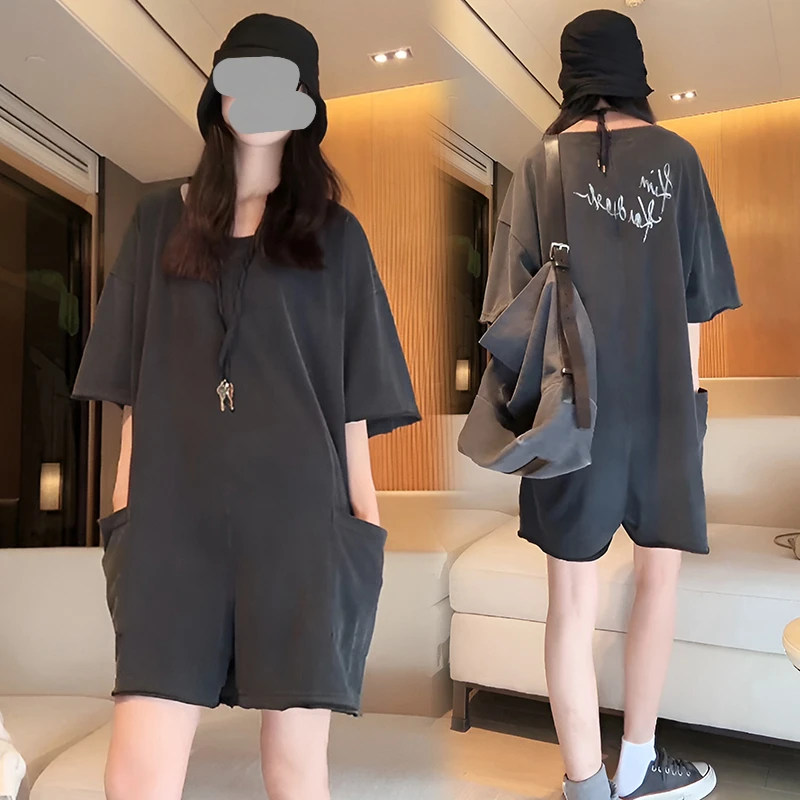 连体裤2025年夏季新款插袋宽松显瘦美式休闲洋气圆领短袖连体短裤