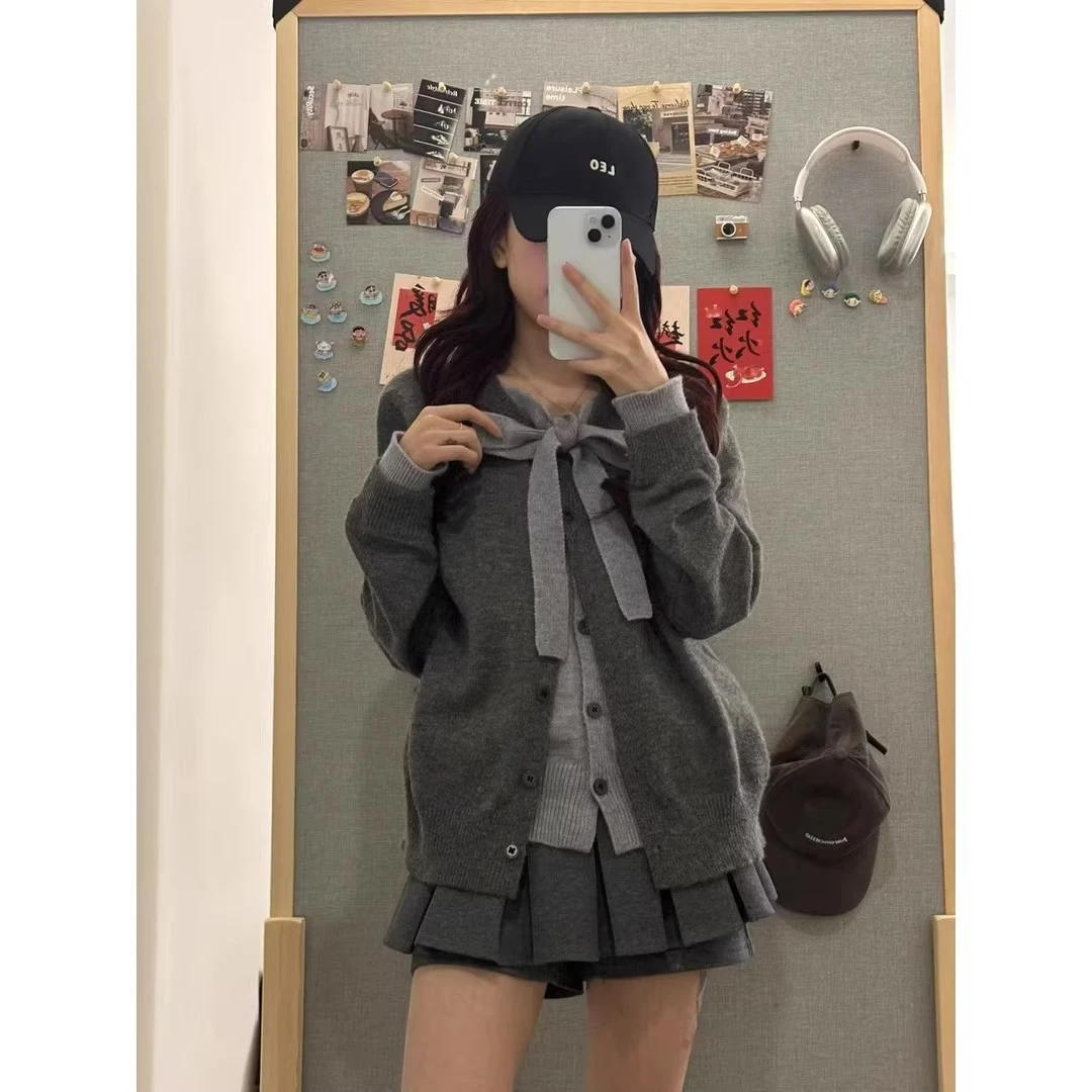 韩系学院风假两件灰色绑带针织开衫女秋冬宽松慵懒风软糯毛衣外套