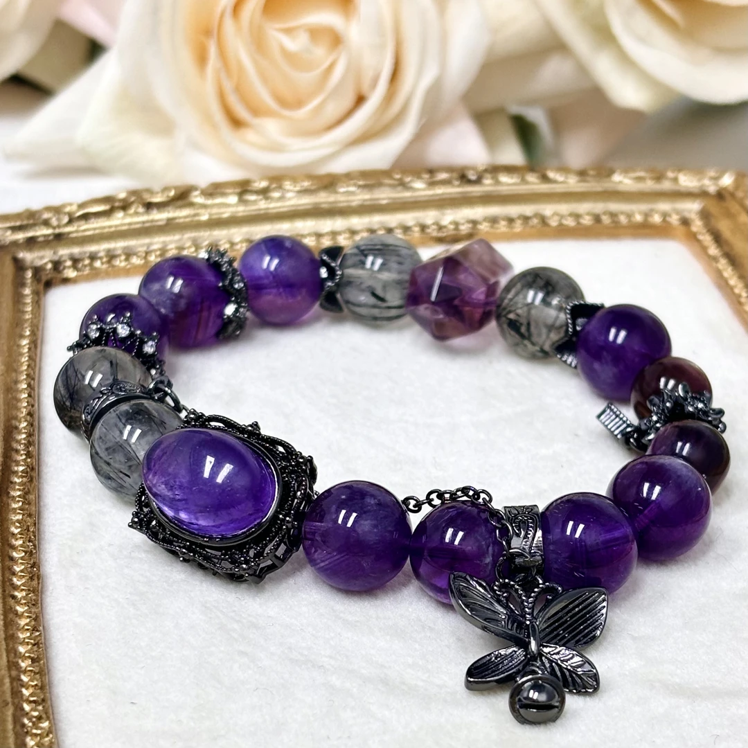 CB2974 紫兔毛 黑发晶 紫锂云母 紫极光 水晶气质手串