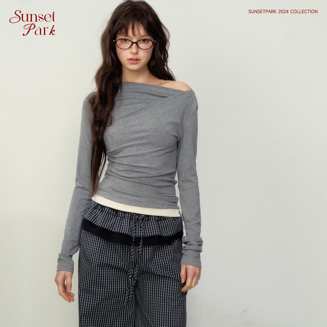 SunsetPark日落公园 巴恩风斜肩百搭长袖Tee打底衫女一字肩T恤女