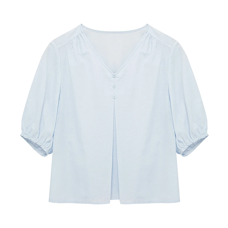 布景女衬衫夏季新品简约气质V领短袖套头小衫BW52CM0841