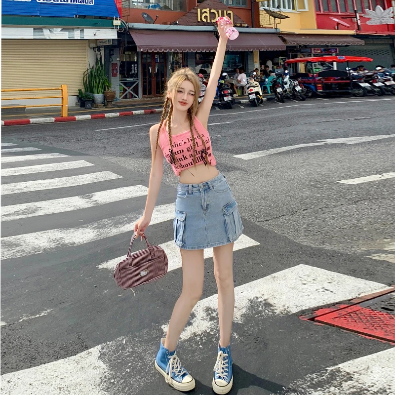 新款韩版美式复古高腰牛仔工装口袋夏季显瘦设计感短裙女（有内衬）