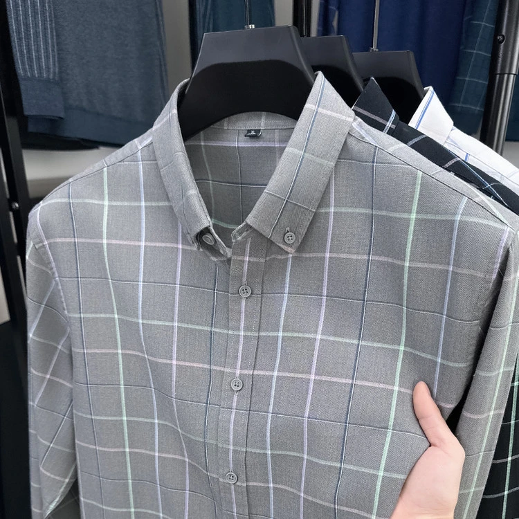 秋季新款中青年潮流条纹长袖衬衫男士休闲百搭翻领长绒棉保暖衬衣