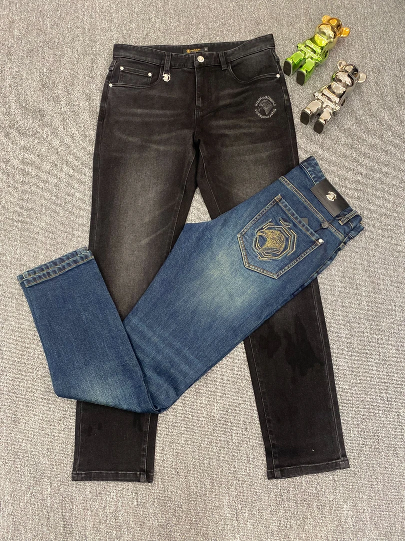 【欧洲名店】Stephen robbins 鹰标刺绣男士双色牛仔裤2136