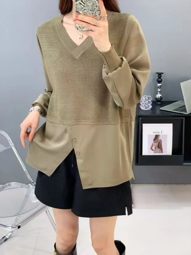 女假两件款春季包袖薄款毛针织衫假两件休闲女装百搭