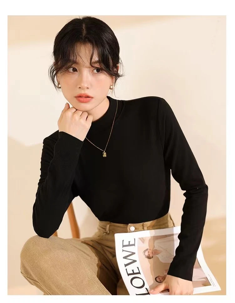 春秋小立领打底衫女新款时尚百搭洋气纯色舒适简约长袖中领上衣