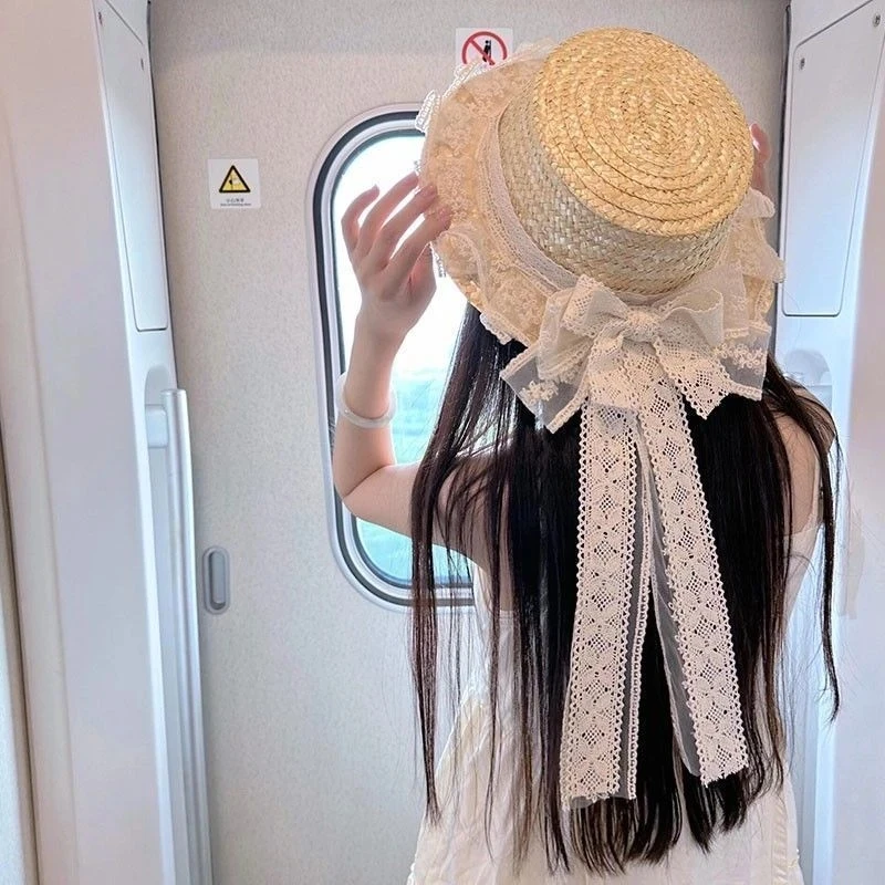 清新森系田园lo娘软妹草帽手工日系doll感蕾丝蝴蝶结飘带草编帽