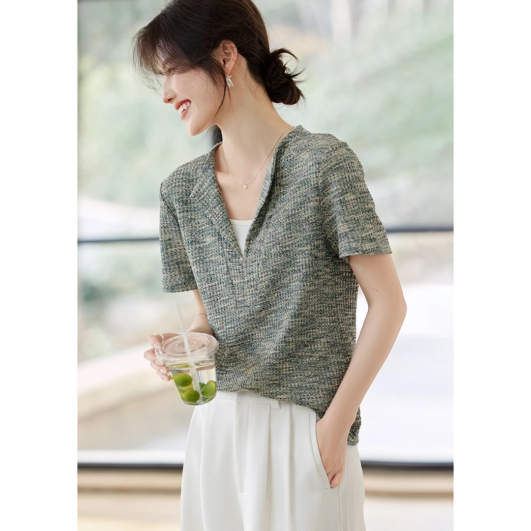 XWI/欣未【植物系T恤】2025夏季新款气质撞色拼接植物系洋气短袖T恤