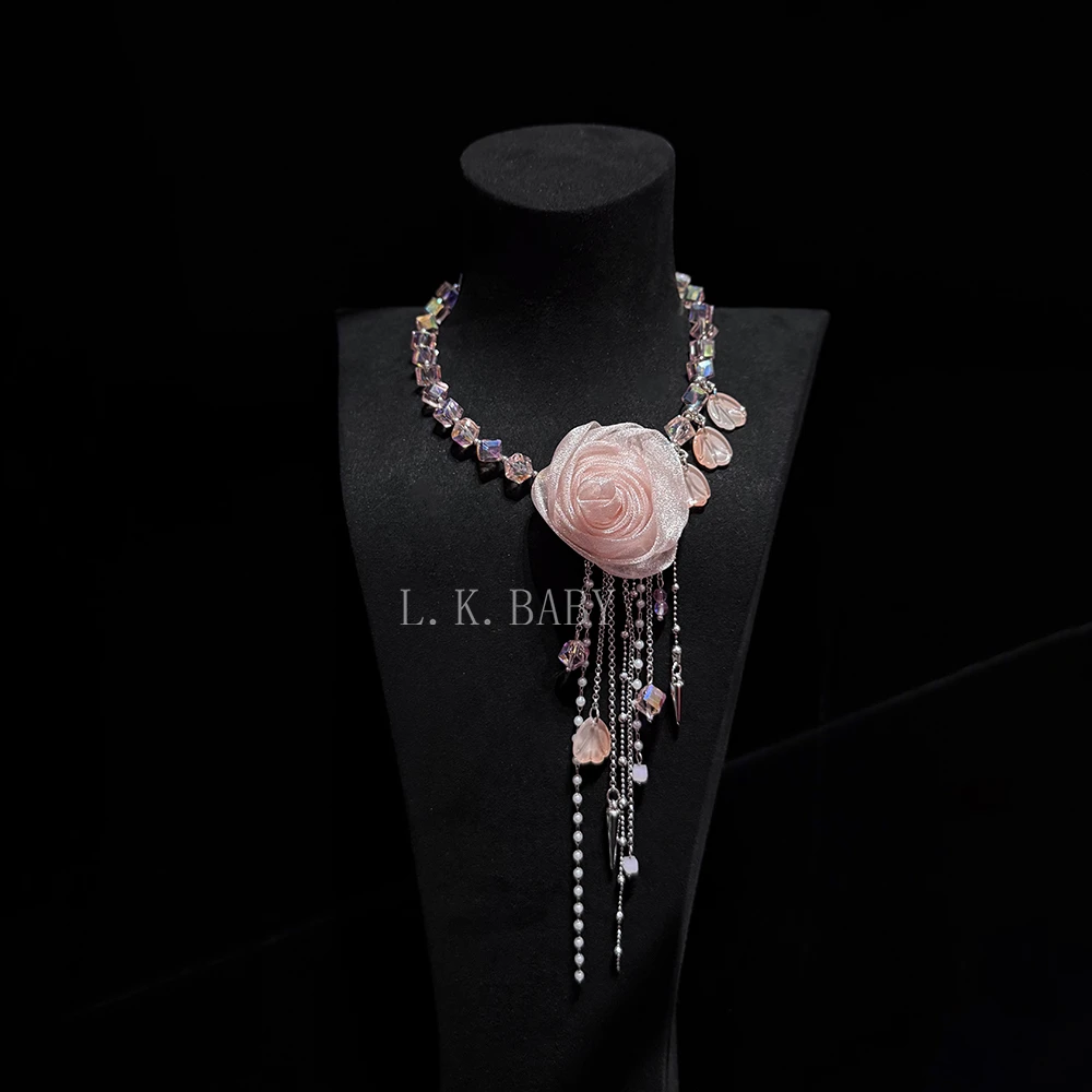合金项链 【L.K.BABY】法式轻奢粉色花朵水晶流苏项链配饰