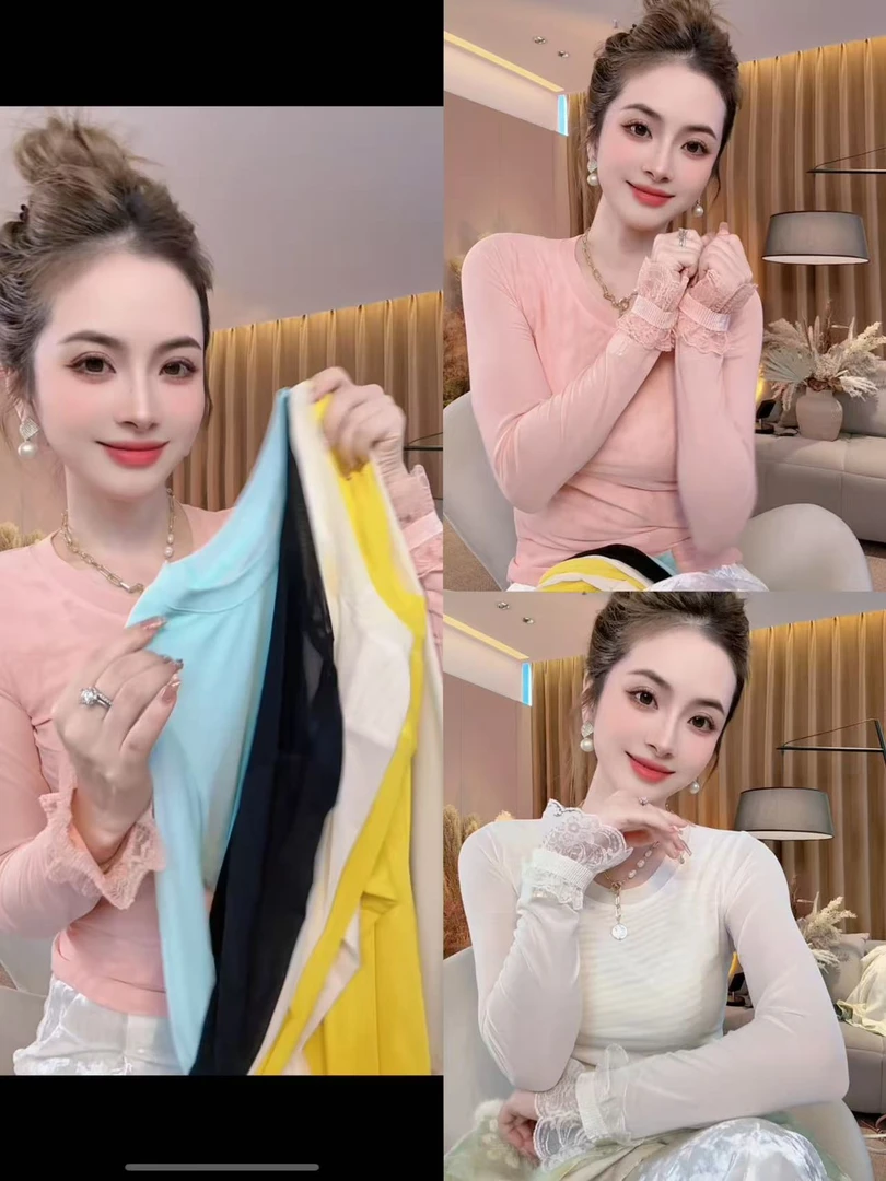 SS.studio/双双:“幻彩蕾丝”女装长袖抗皱蕾丝保暖纯色圆领打底衫