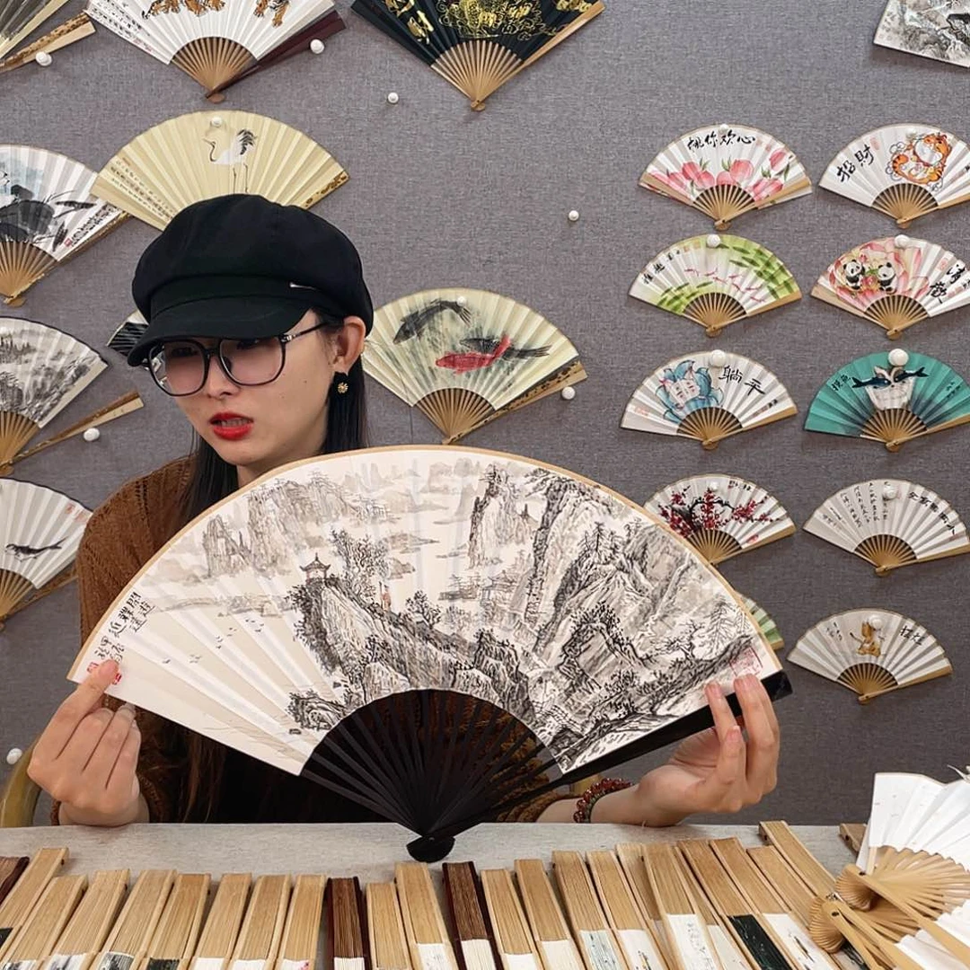 国画95寸黑檀-纯手绘-文玩扇骨（默认粘好）