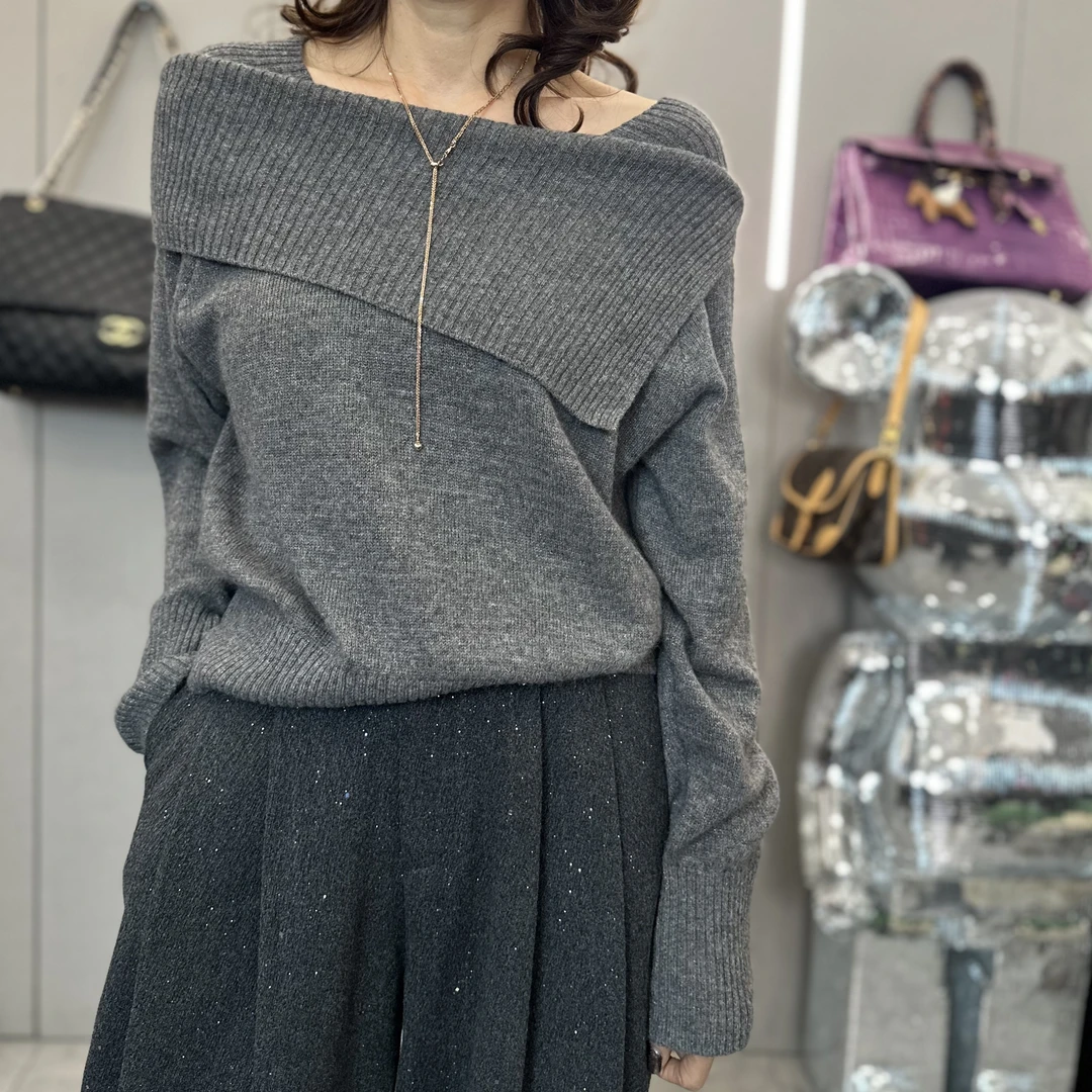 JJ Fashion 斜肩灰色设计款羊毛衫