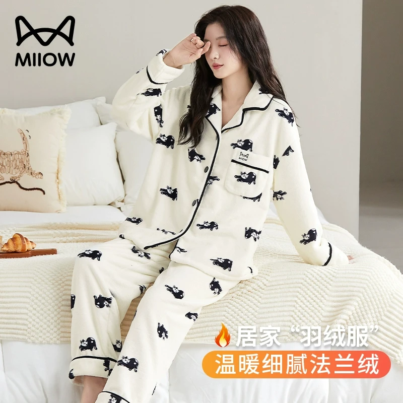 猫人珊瑚绒睡衣女款2025新款秋冬季保暖舒适加绒加厚法兰绒家居服