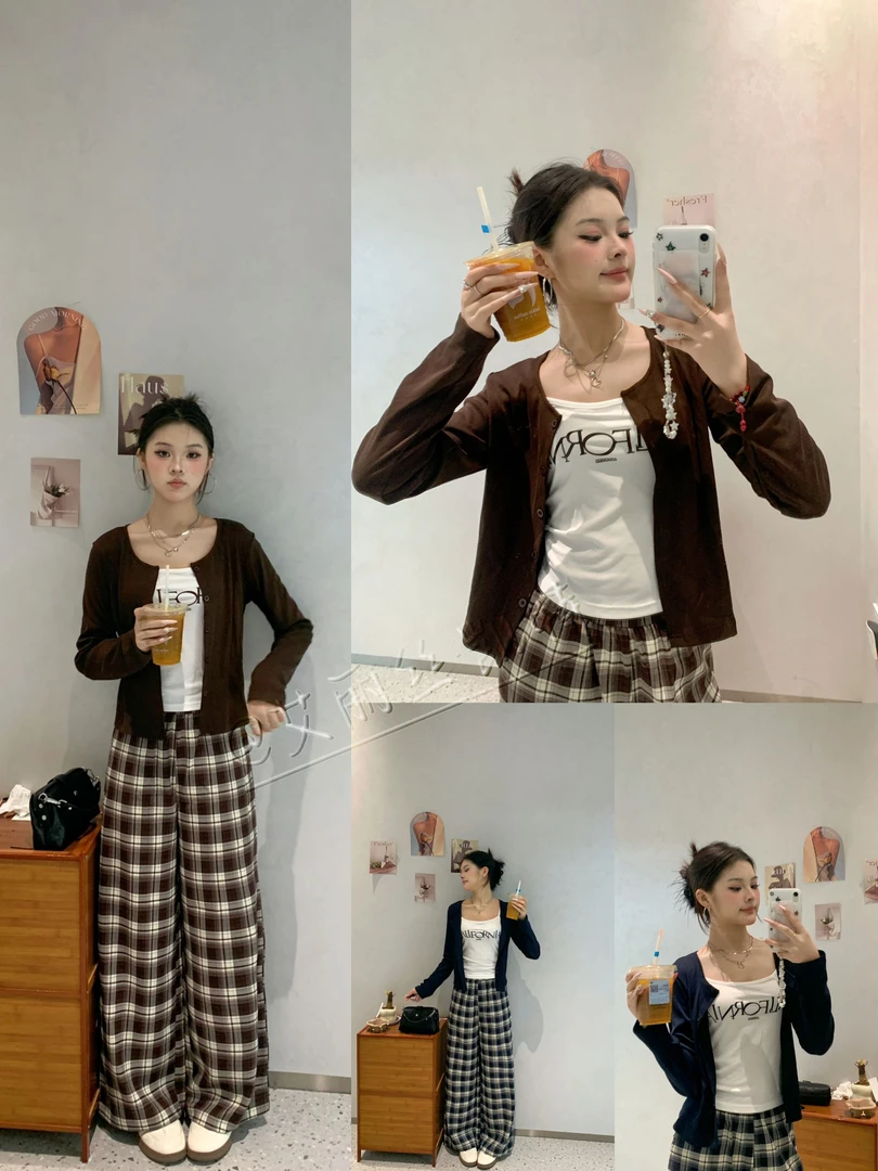 气质打底吊带+针织外搭开衫+高腰格纹长裤 温柔风三件套 65003#