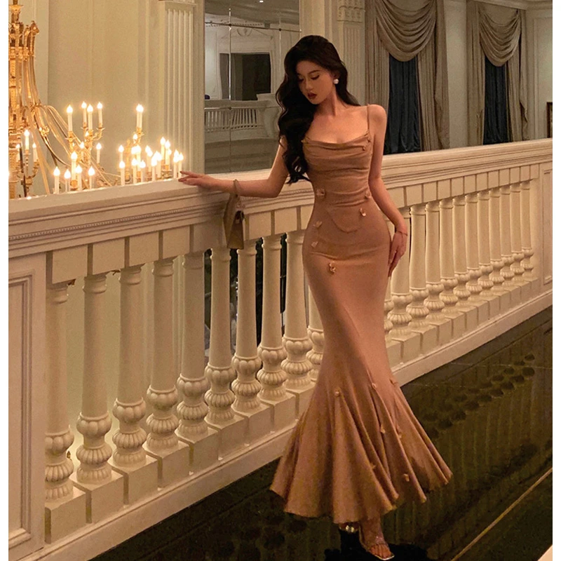548干枯玫瑰吊带连衣裙女2024夏季新款小众气质修身鱼尾长裙3724