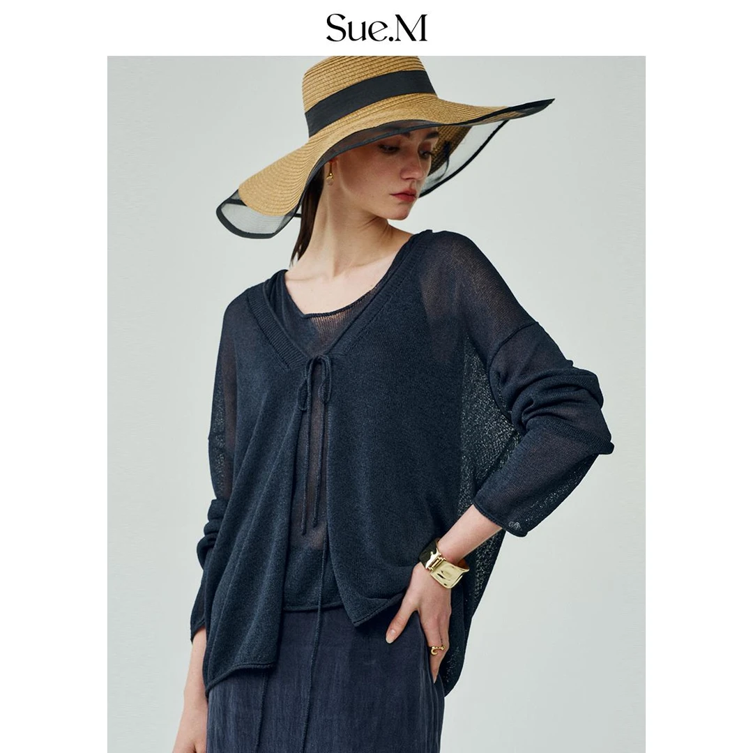 Sue.M和纸纱系带轻盈薄款开衫气质度假背心MIU系两件套针织开衫女