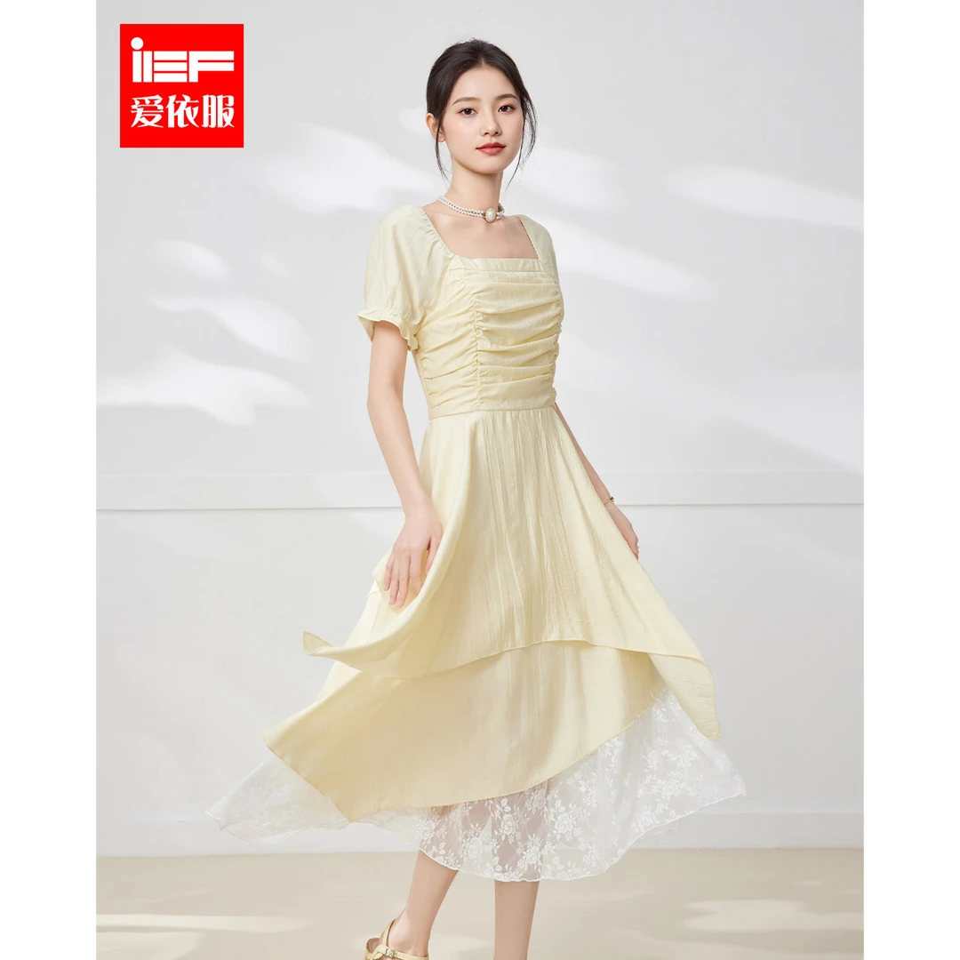 IEF/爱依服2025新款夏季梭织蕾丝拼接公主风设计款连衣中裙流光风