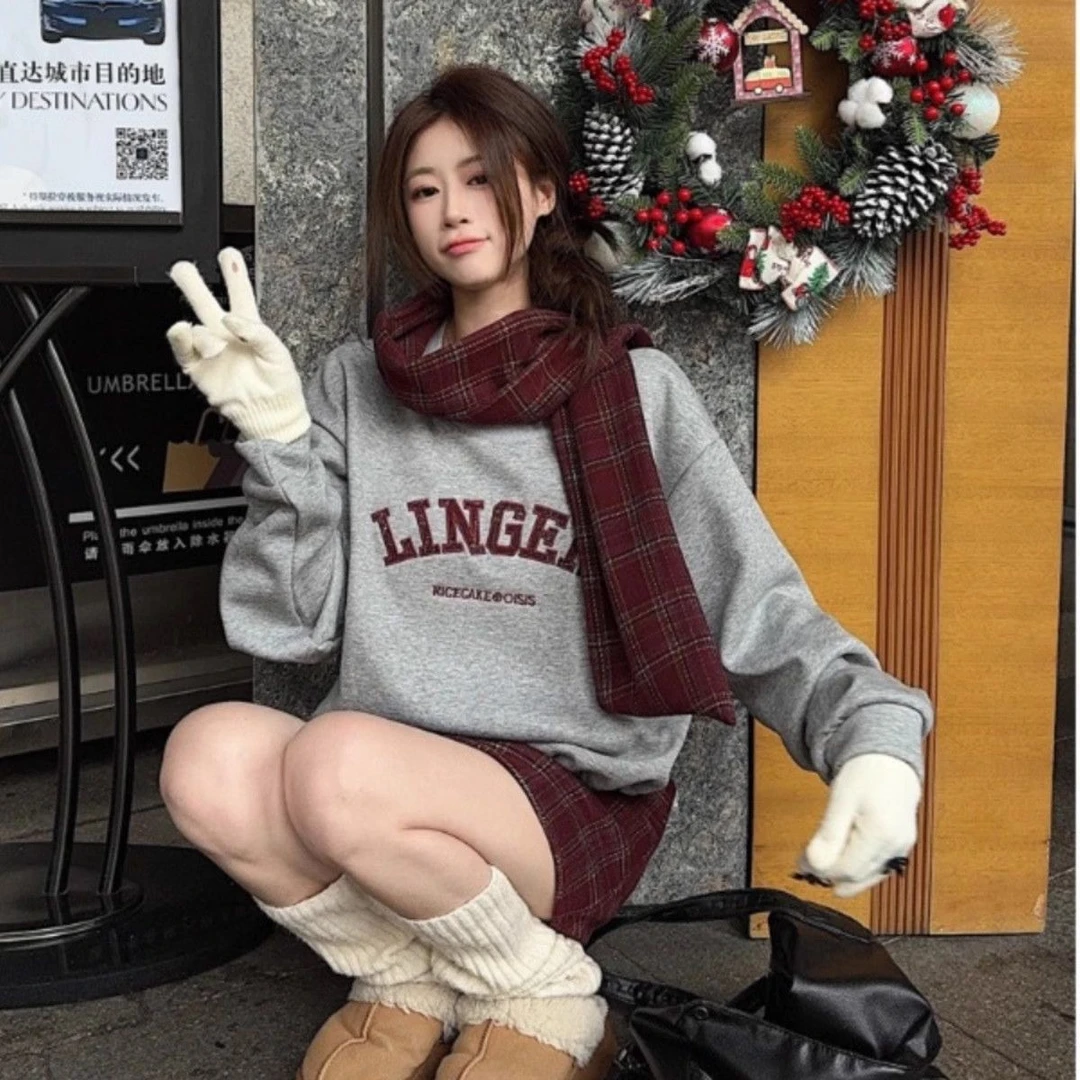 慵懒风圆领套头卫衣女冬季新款百搭洋气宽松韩版休闲套装