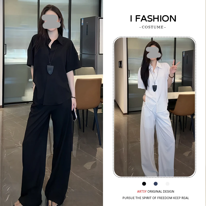 老钱风套装女2025年夏季新款高级感时尚休闲短袖衬衫阔腿裤两件套