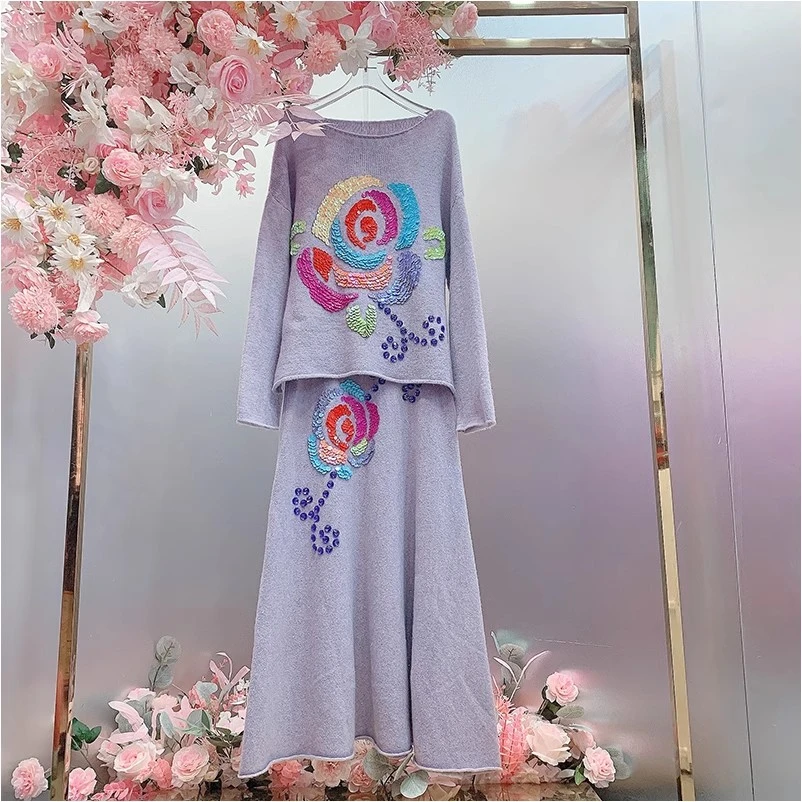 HH6110欧美风设计师2024秋冬季新款彩色亮片刺绣花朵毛衣套装裙女