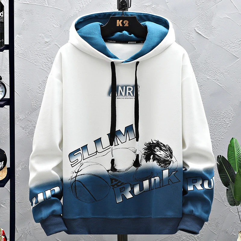 殿若青少年连帽几何图案渐变男士潮牌休闲卫衣保暖加绒ins脏脏风