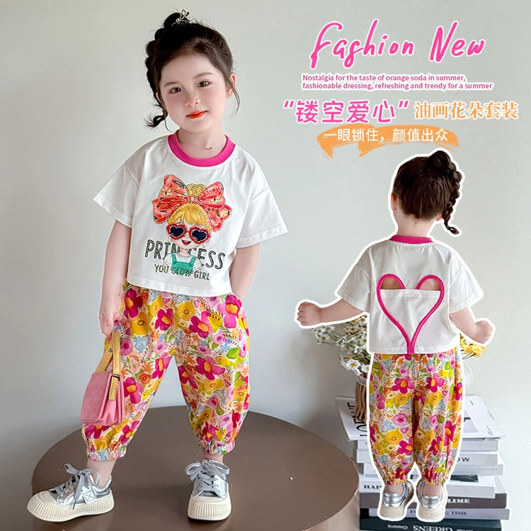 女童夏季新款短袖套装女孩洋气卡通T恤网红休闲超萌束脚裤两件套