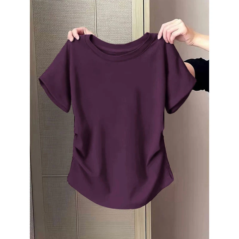 纯色短袖t恤衫女新款夏季修身收腰别致小众设计感圆领体恤上衣
