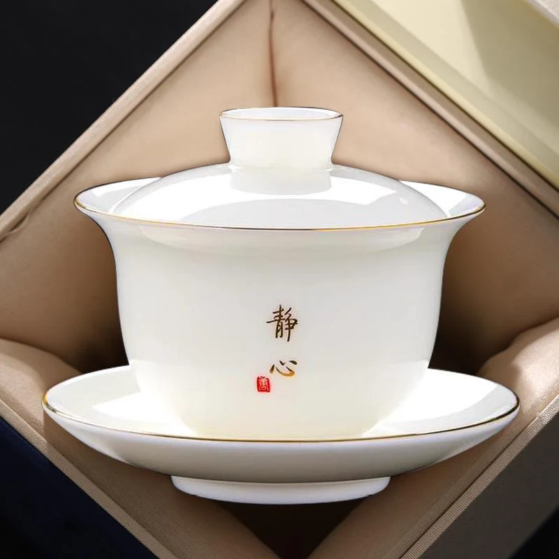 白瓷三才盖碗茶杯单个不烫手家用手工功夫茶具泡茶碗大号薄胎