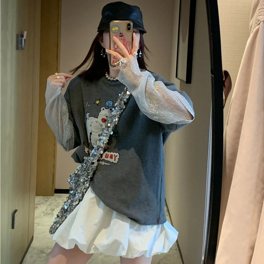 韩系卡通小狗狗印花休闲百搭减龄亮丝拼接假两件长袖T恤上衣