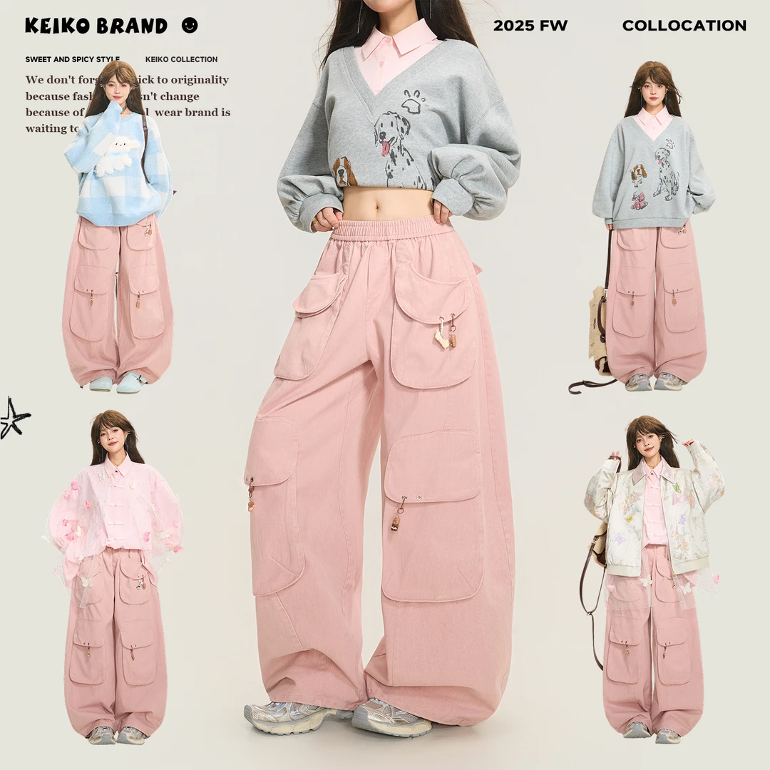 KEIKO 美式高街粉色工装牛仔裤女2025新款多巴胺慵懒宽松阔腿裤子