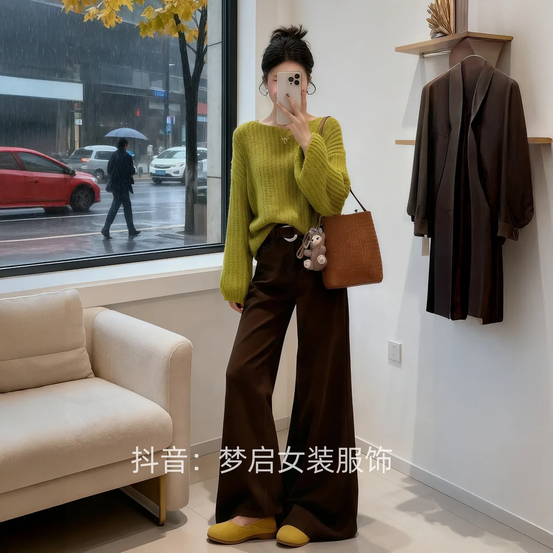巨好看的早秋一整套韩系多巴胺绿色针织毛衣休闲阔腿裤气质套装女