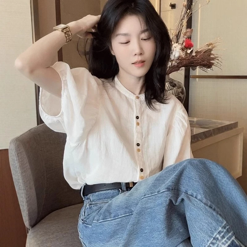 白色天丝棉麻短袖衬衫夏季2025新款气质衬衣宽松显瘦泡泡袖上衣女