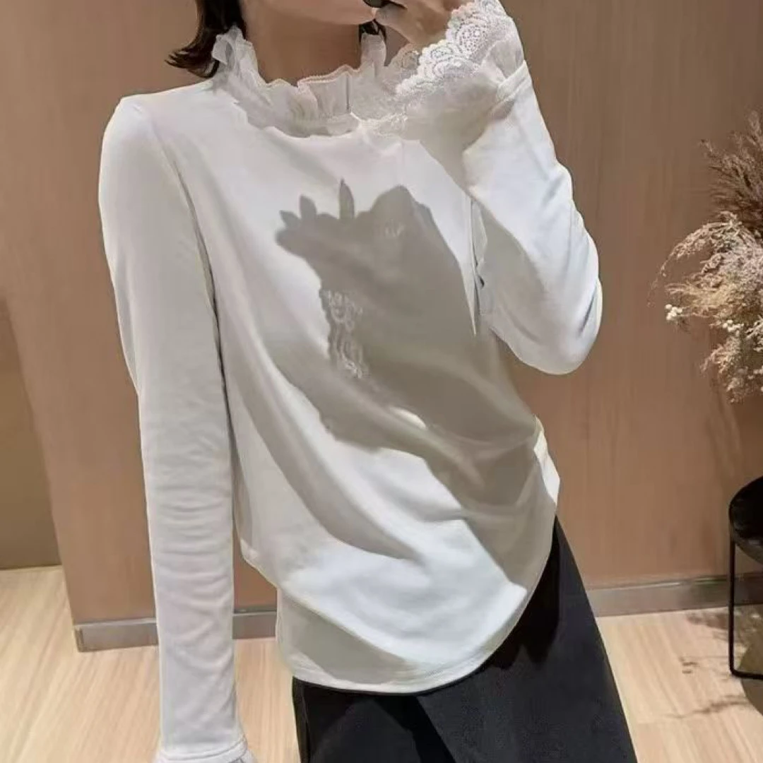 AiLi韩版时尚网红气质修身显瘦百搭长袖拼接袖口大蕾丝边