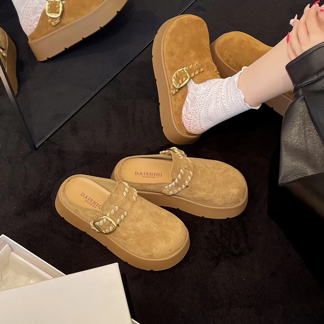 小敏家 5CM增高包头勃肯半拖鞋 新款百搭懒人一脚蹬搭扣勃肯拖