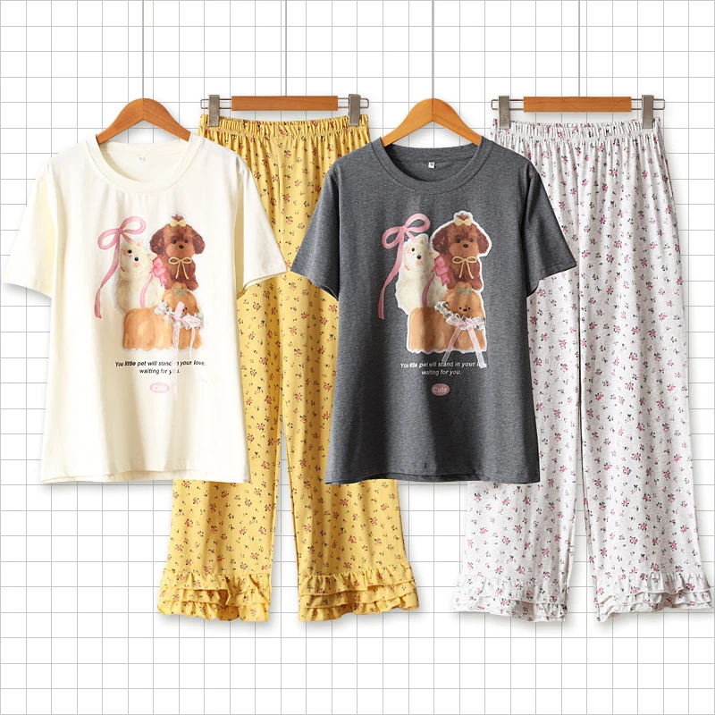 网红款碎花爱心甜美卡通狗春夏季睡衣女短袖长裤套装宽松家居服