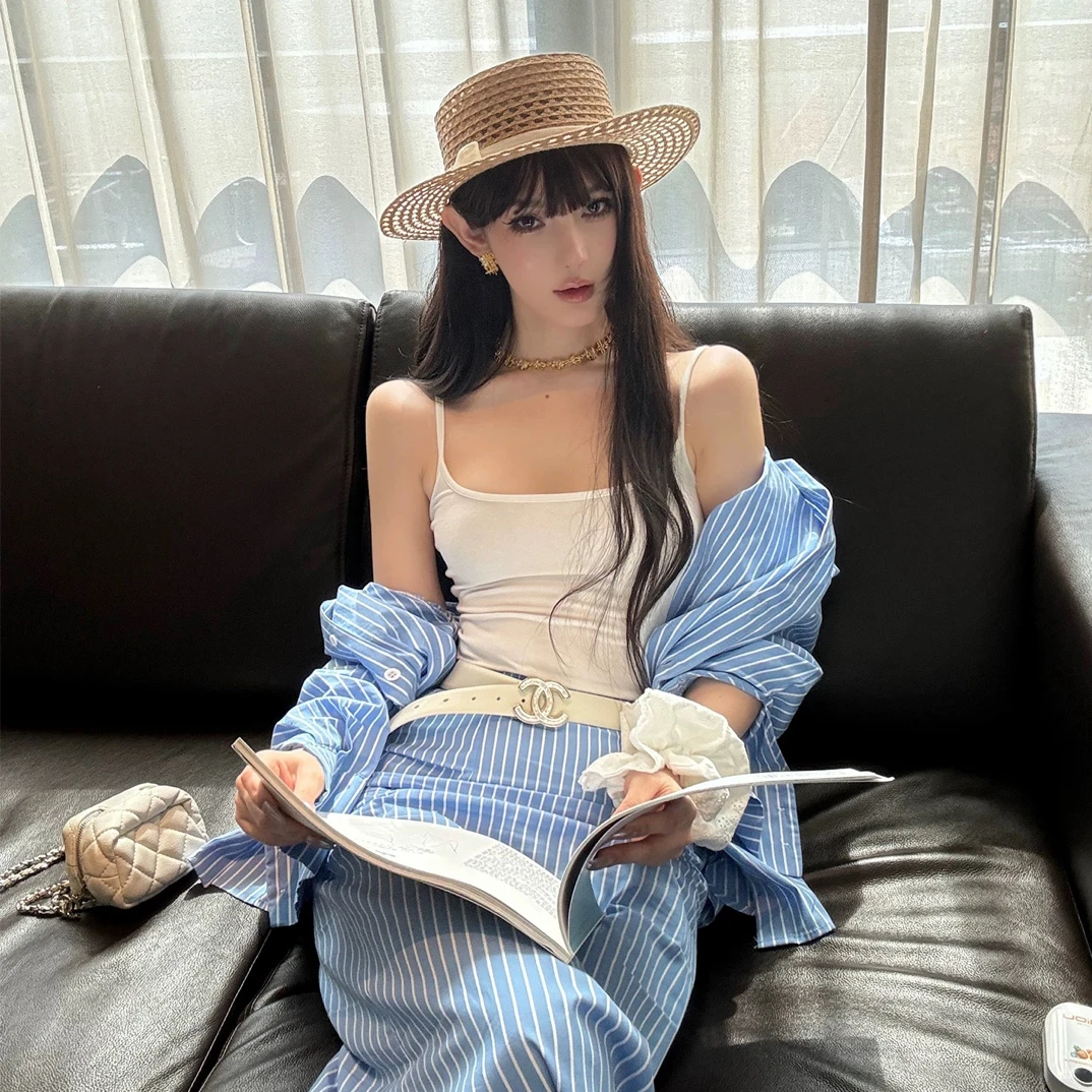 ChiclyNana秋季女套装时髦时尚洋气气质条纹撞色衬衫半身裙两件套