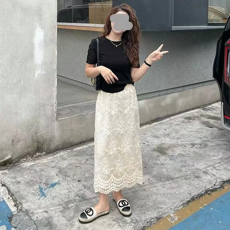 【拉链+松紧+后开叉】蕾丝半身裙夏季百搭显瘦刺绣包臀A字裙子女
