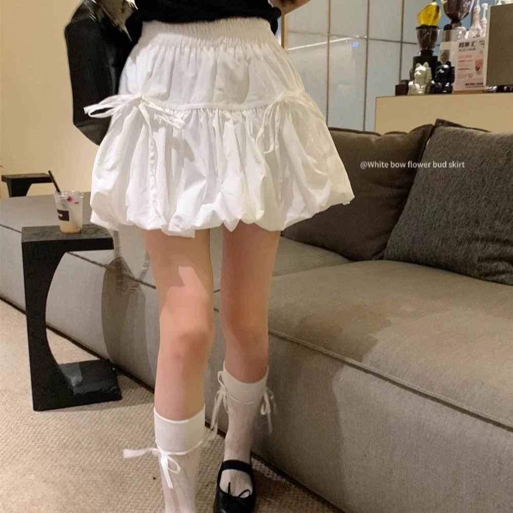 蝴蝶结绑带甜美风蓬蓬裙设计感白色半身裙女夏季新款花苞A字短裙