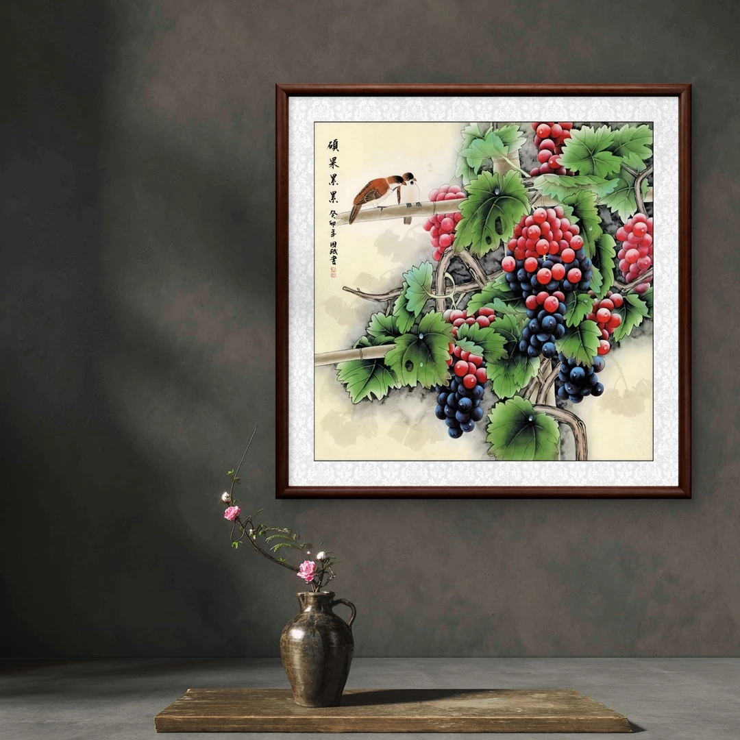 8746-葡萄65*65中式装饰画木框玄关书房茶室客厅挂画