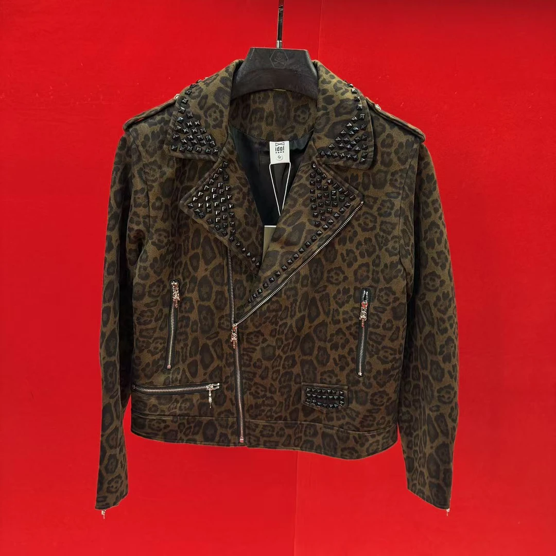 FLD定制25秋季新款潮流休闲翻领时尚修身豹纹男皮衣8035-5 8035-6