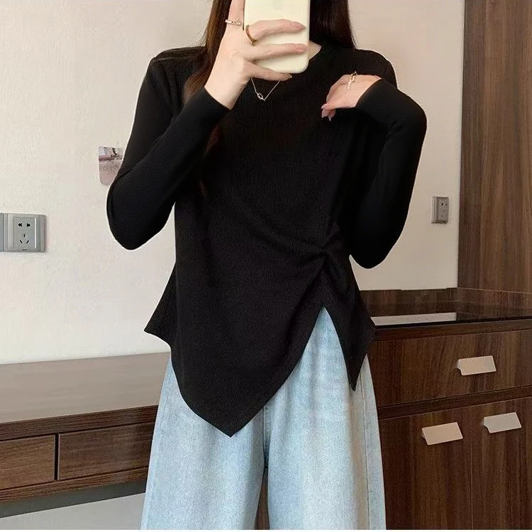 大码黑色正肩t恤长袖女2025新款秋季胖mm不规则遮肚显瘦微胖上衣