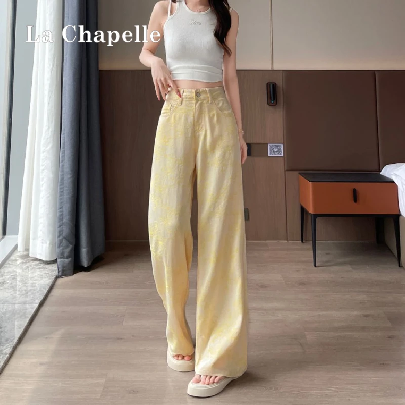 拉夏贝尔黄色扎染牛仔裤女夏季新款高腰直筒宽松提花宽松阔腿裤子