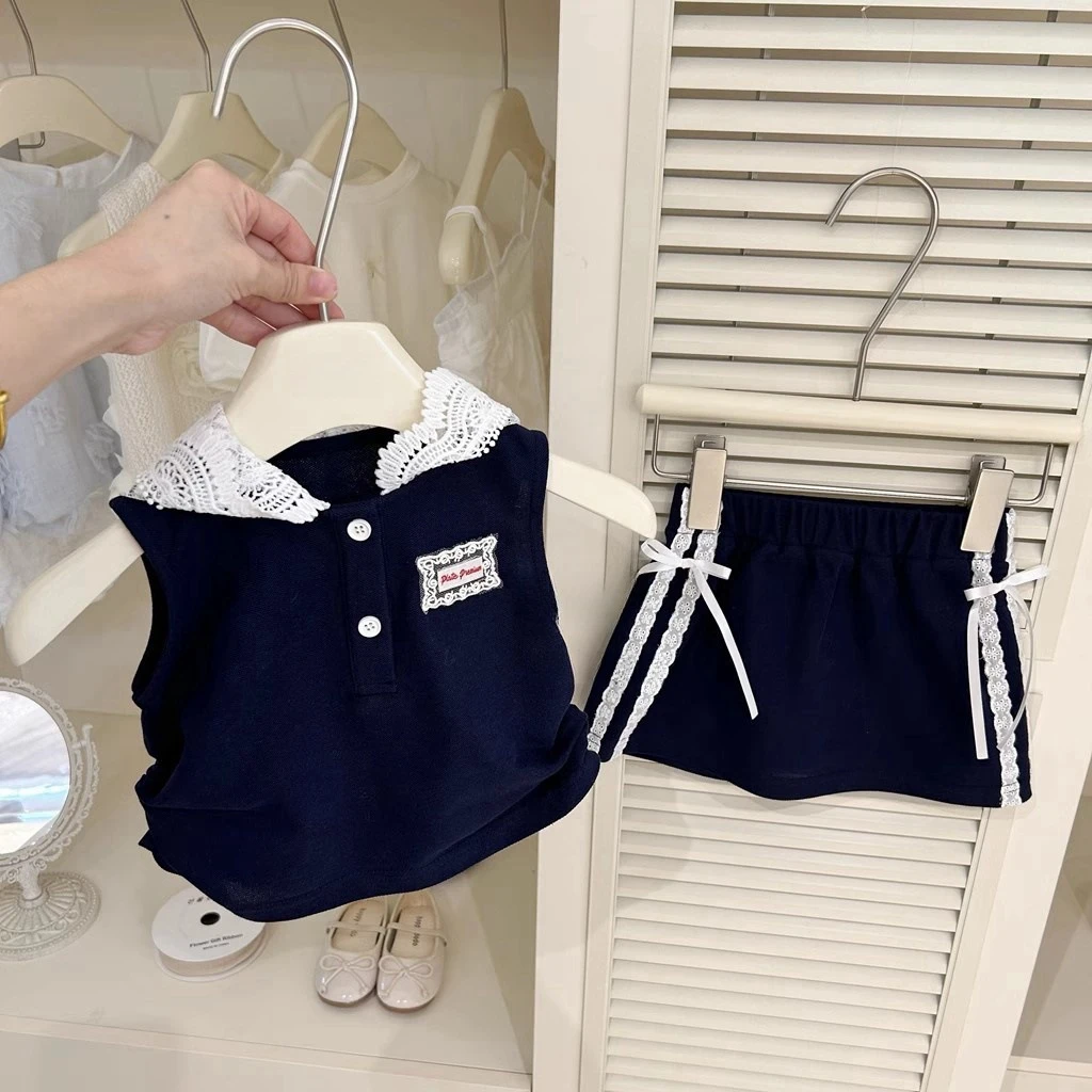 【现货】洋气夏儿童新款背心连帽上衣半身裙套装学院风时髦两件套