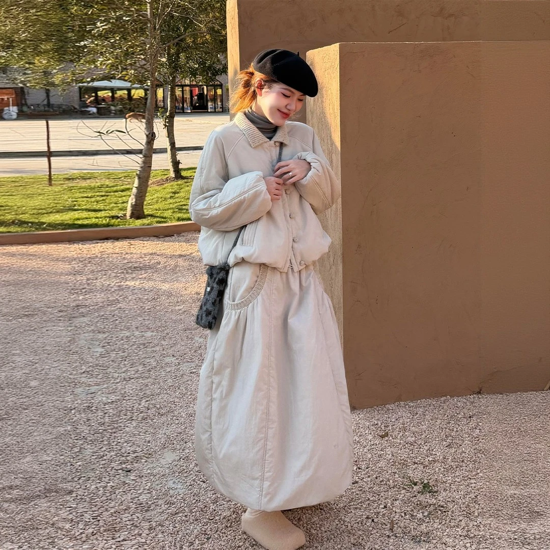 韩系穿搭一整套装女秋冬新款高级感加厚夹棉上衣花苞半身裙两件套