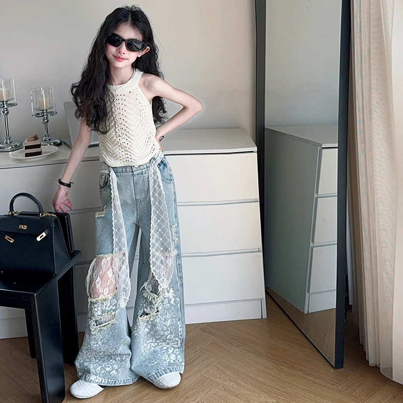 【酷哒仔】女童网眼上衣蕾丝破洞牛仔裤子两件套装2025夏季中大童潮