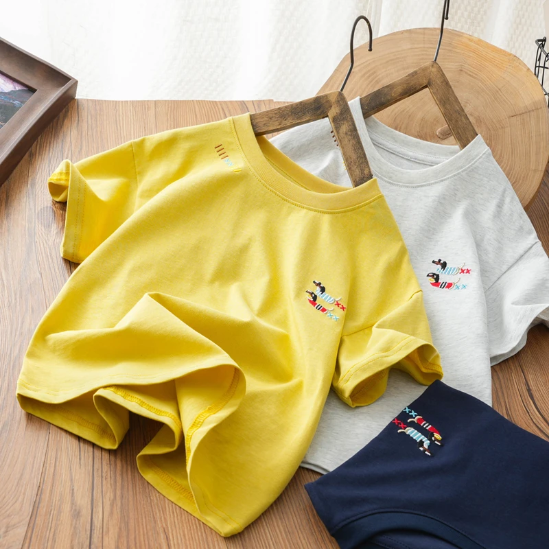 儿童刺绣圆领休闲t恤中大童夏季新款吸汗透气短袖男童纯色打底衫