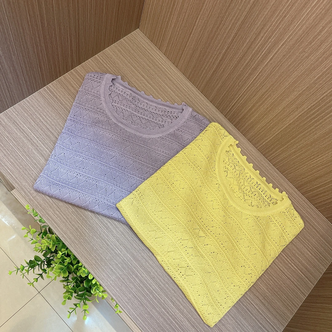 【西绒尔    100莱赛尔】夏季新款镂空花边领时尚百搭透气针织衫A21