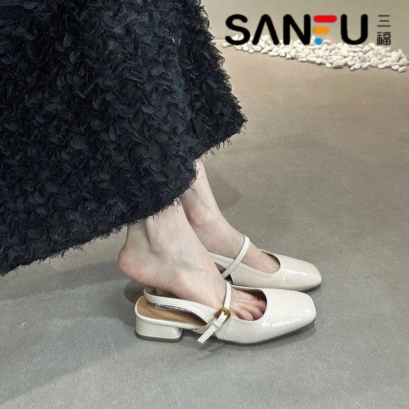 SANFU/三福小众温柔百搭时尚方头粗跟包头凉鞋女鞋子夏季气质单鞋