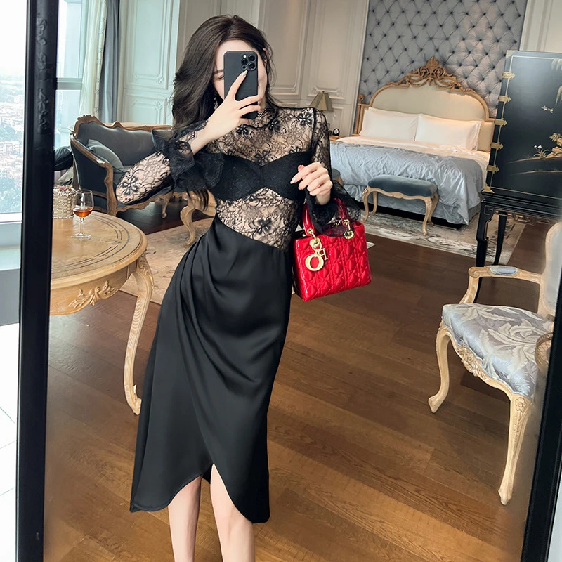 20302 时尚气质法式蕾丝拼接长袖修身连衣裙